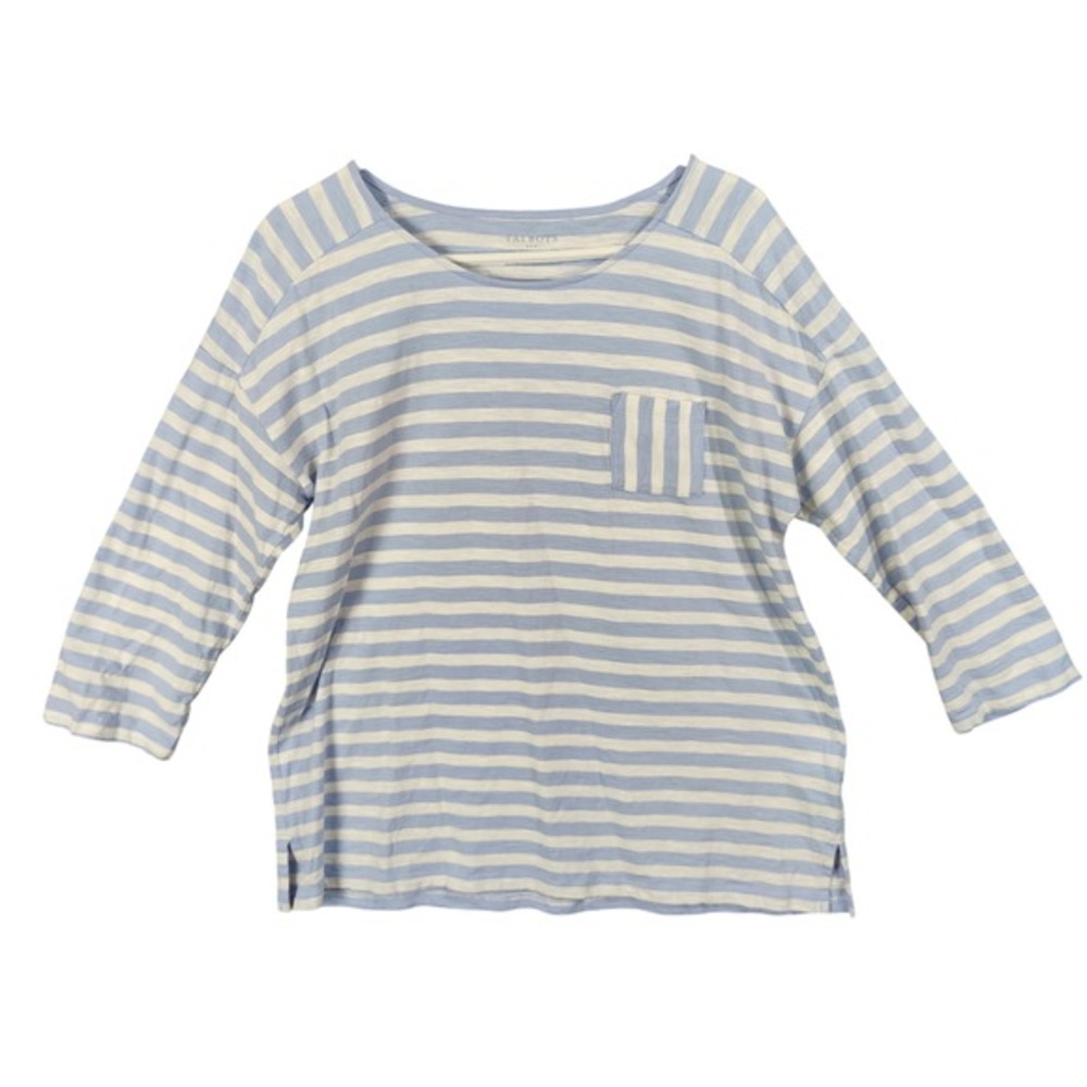 Talbots Womens Nautical Coastal Preppy Striped Shirt L Top Blue White 3/4 Sleeve